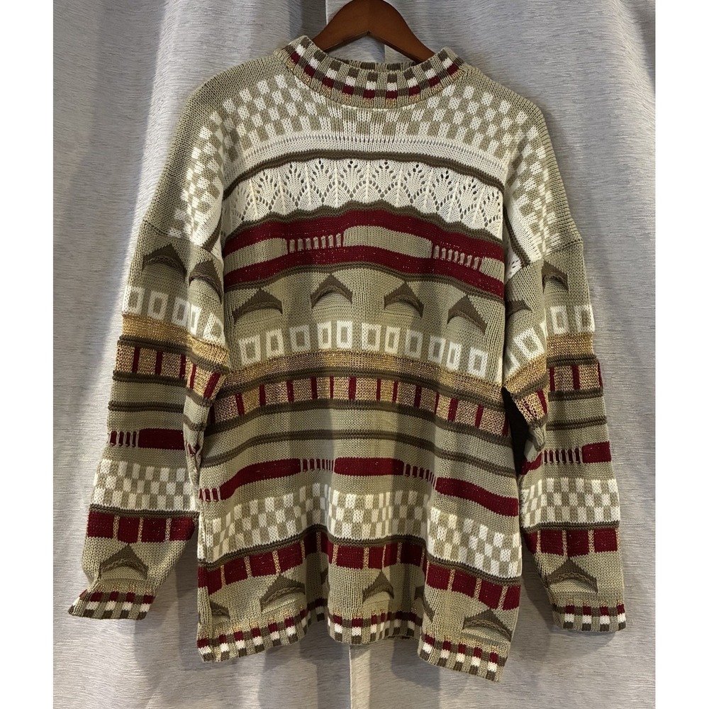 Vtg Cristina 3D Stripe Metallic Holiday Sweater 90s Grandma Cottagecore Lurex